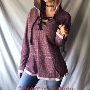 French Terry Lace Up Relaxed Hoodie Sweatshirt